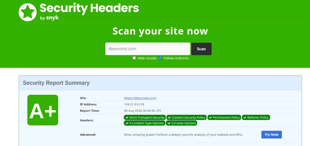 Snyk Security Headers A+ Rating for dexmond.com